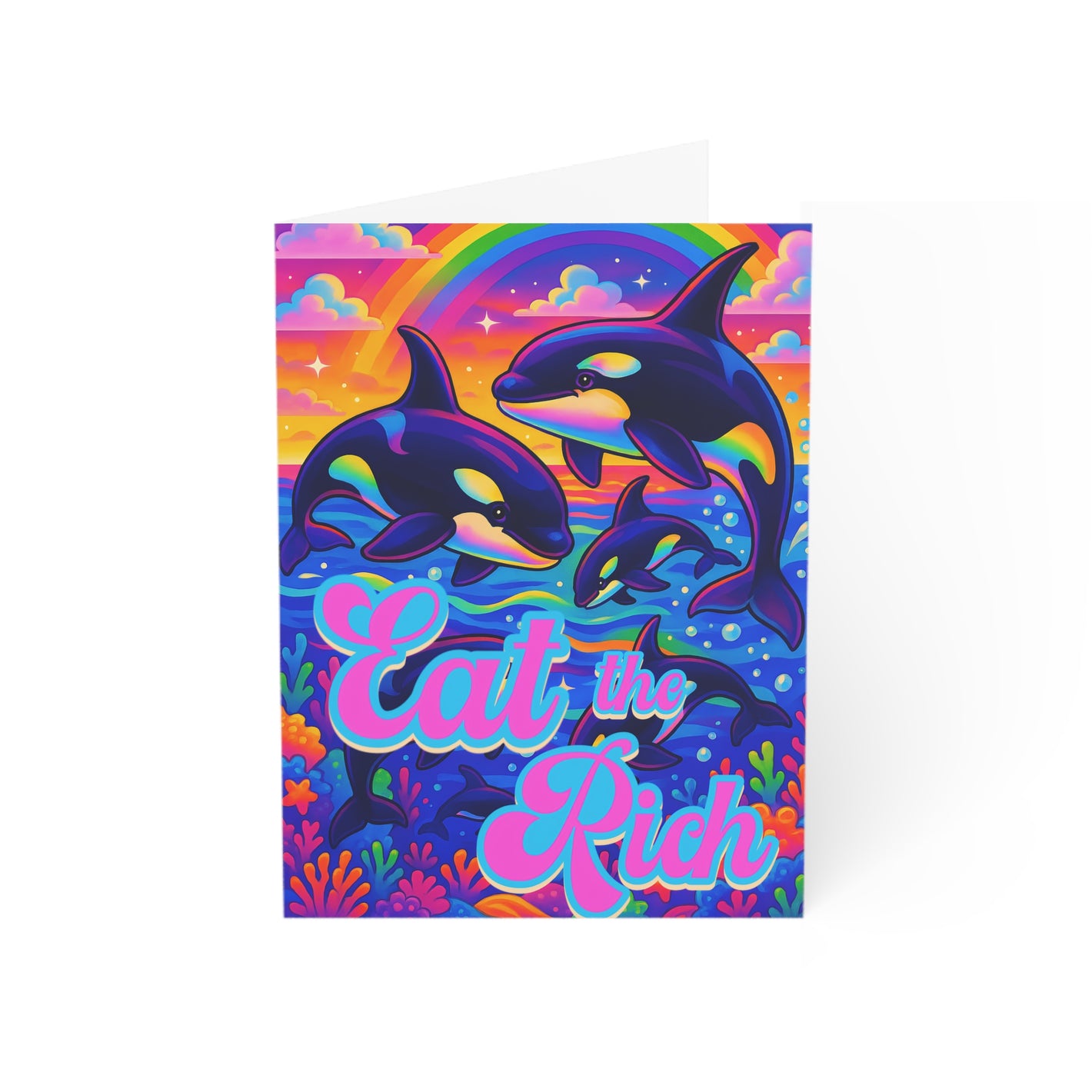 Bespattered Facade "Eat the Rich" Orcas Greeting Cards | Sets of 1, 10, 30, or 50