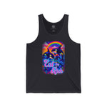 Black tank top with a colorful graphic design featuring dolphins and text on a white background.
