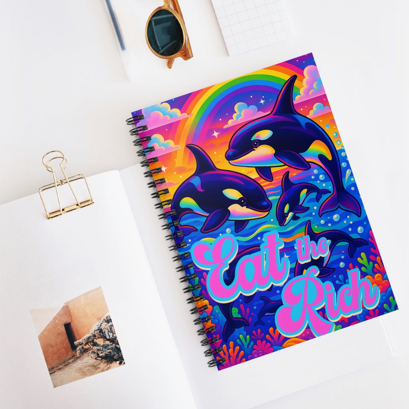 Bespattered Facade Whimsical "Eat the Rich" Orcas Spiral Notebook - Lined Pages