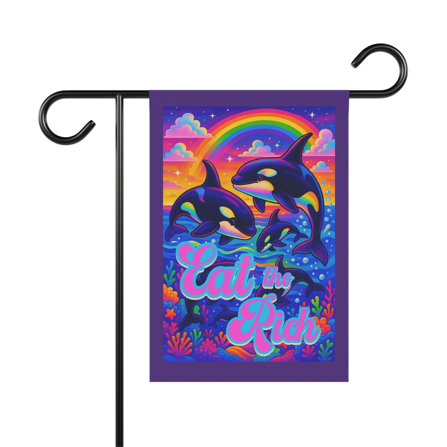 Bespattered Facade "Eat the Rich" Orcas Rainbow Garden Flag
