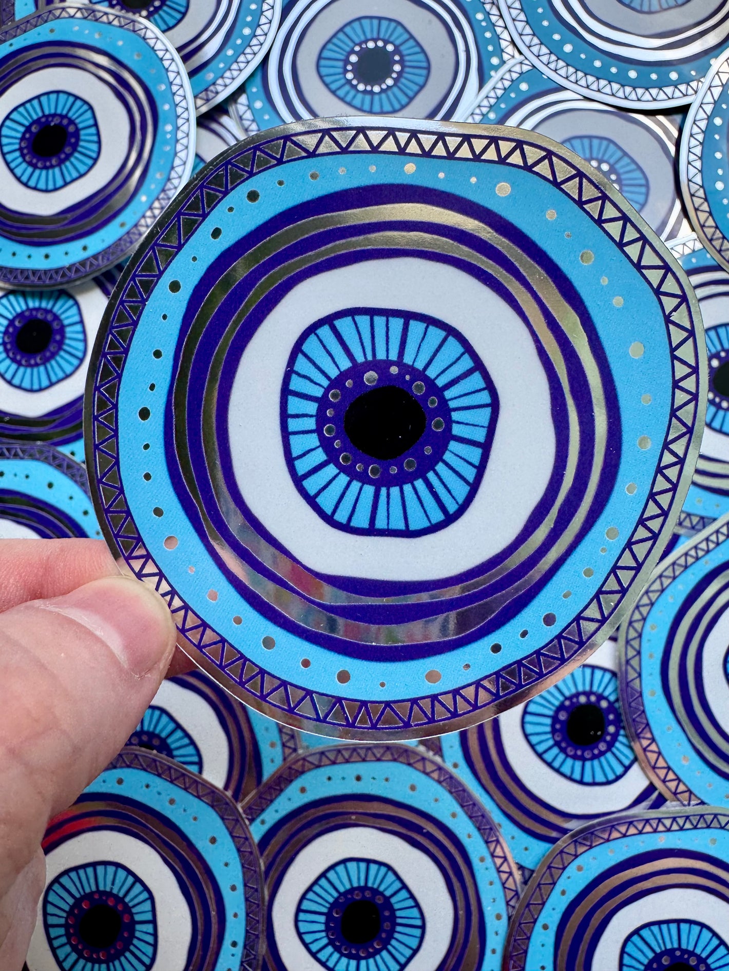 Bespattered Facade Metallic Silver and Blue Doodle Evil Eye Sticker