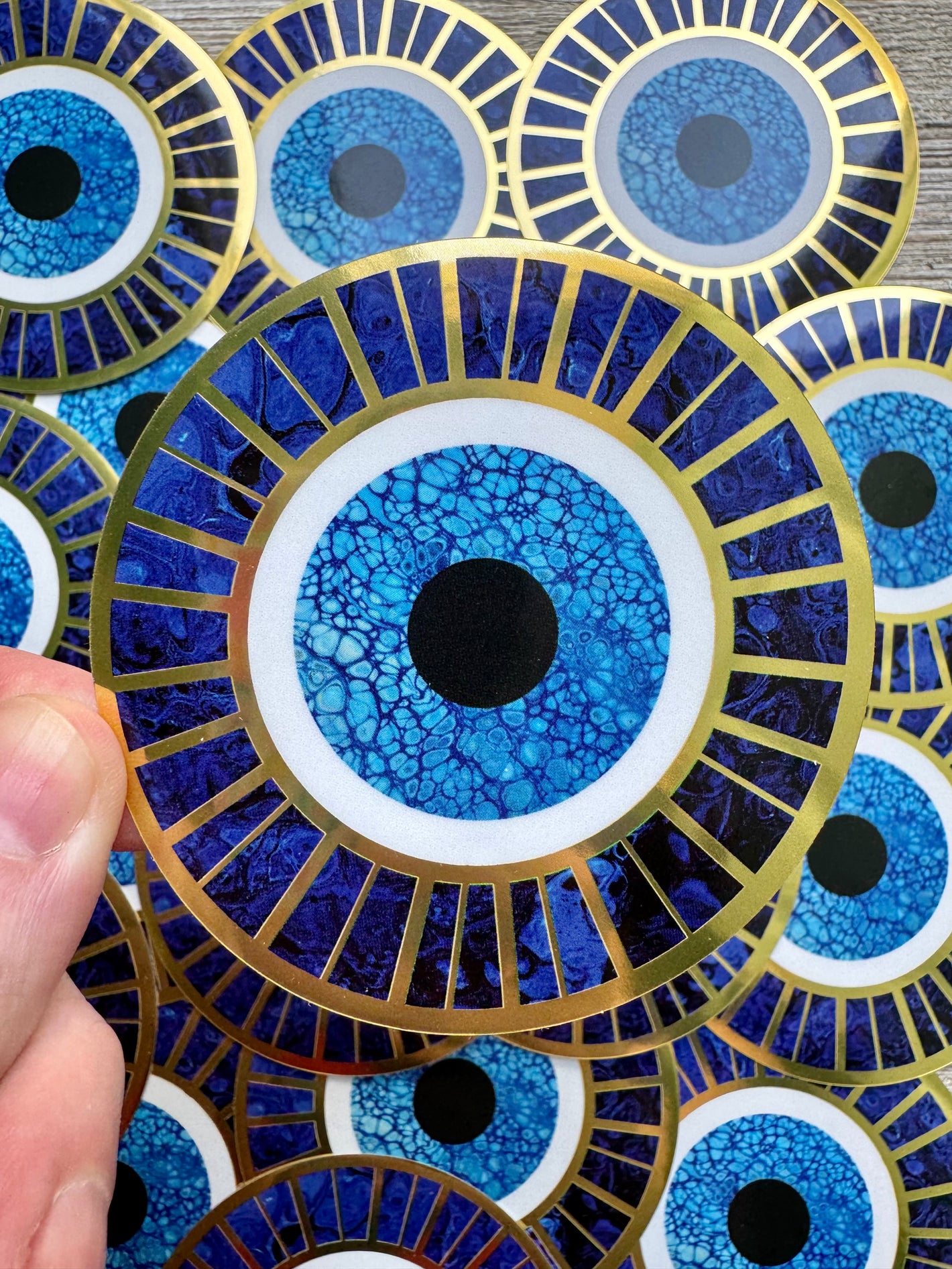 Bespattered Facade Metallic Gold and Blue Painting Collage Evil Eye Sticker