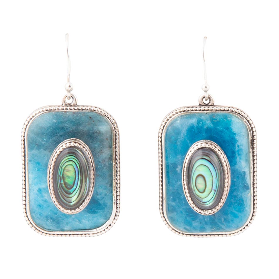 Blue Apatite and Abalone Stacked Sterling Silver Earrings
