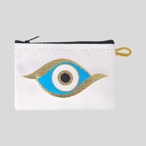 White Evil Eye with Golden Accents Design Woven Zipper Coin Purse