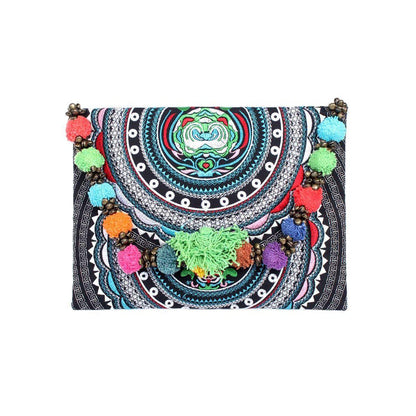 Pom Pom Embroidered Tribal Clutch | iPad Bag - Thailand