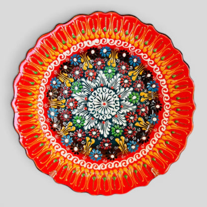 10” Turkish Ceramic Handmade & Painted Plate - Bright Orange Fire Dot Art Floral Tulip Patterned - Wall Hanging or Stand Use