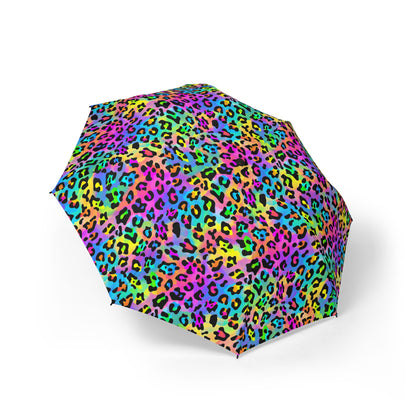 Bespattered Facade Candy Coated Neon Leopard Foldable Umbrella — Compact Semi-Automatic Rain Parasol