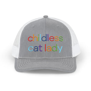 Childless Cat Lady Rainbow Embroidered Snapback Trucker Cap (10 Hat Colors)