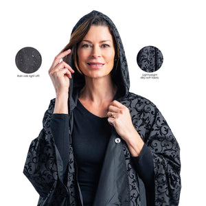 Black with Velvet Swirls Reversible Hooded Rain Cape – Lightweight Women's Wrap
