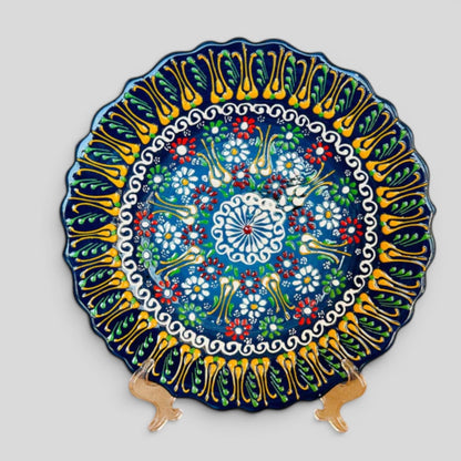 10” Turkish Ceramic Handmade & Painted Plate - Blue, Green, Yellow Dot Art Floral Tulip Patterned - Wall Hanging or Stand Use
