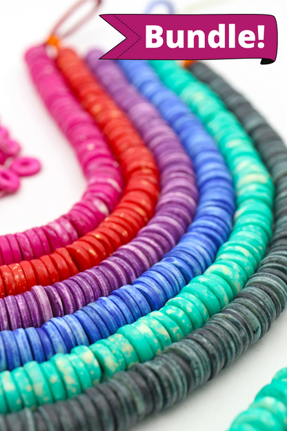 Bead Bundle: Handmade Heishi Disc Spacer Bone Beads, 10x2mm, 6 Strands & Colors, 540+ Beads,