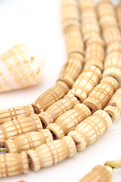 Tan Carved Roller Barrel Bone Beads, Approx. 10x20mm, 10 pieces