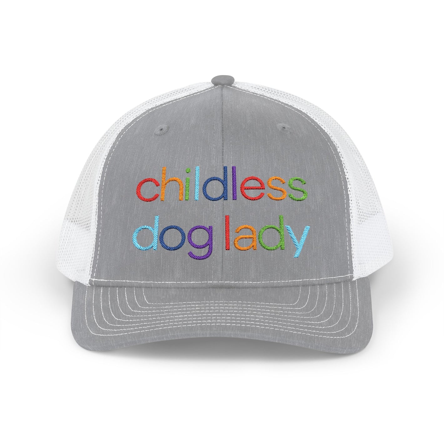 Childless Dog Lady Rainbow Embroidered Snapback Trucker Cap (10 Hat Colors)