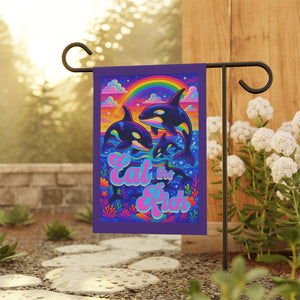 Bespattered Facade "Eat the Rich" Orcas Rainbow Garden Flag