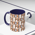 Mug with 'PRIDE' in rainbow letters on a white background