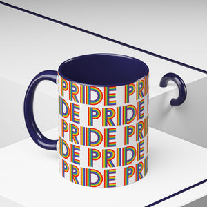 Mug with 'PRIDE' in rainbow letters on a white background