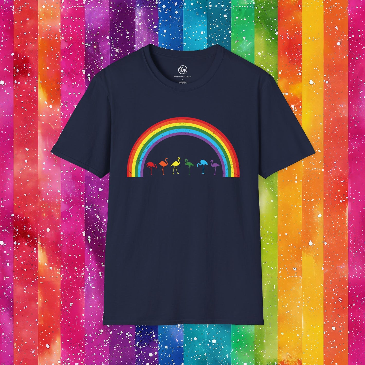Navy blue t-shirt with a rainbow and flamingo design on a colorful striped background