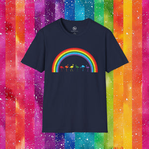 Navy blue t-shirt with a rainbow and flamingo design on a colorful striped background