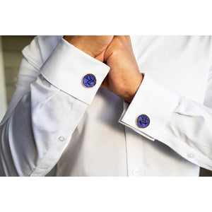 Glass Mounted Warrior Coin Motif Cuff Links (Cobalt Tone)