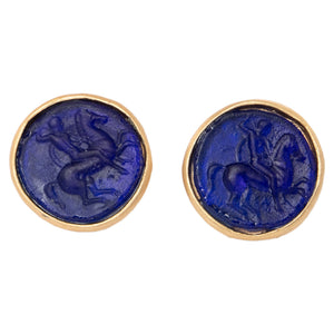 Glass Mounted Warrior Coin Motif Cuff Links (Cobalt Tone)
