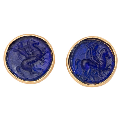 Glass Mounted Warrior Coin Motif Cuff Links (Cobalt Tone)