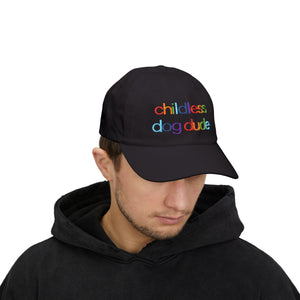 Childless Dog Dude Rainbow Embroidered Classic Cap (10 Hat Colors)