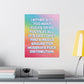 A square wall art print with a pastel rainbow gradient and bold white text reading, 'I EITHER GIVE TOO MANY FUCKS OR NO FUCKS AT ALL, IT'S LIKE I CAN'T FIND A MIDDLE GROUND FOR MODERATE FUCK DISTRIBUTION.' The print is displayed on a light gray wall above a shelf with books, a small decorative object, and a yellow lamp.