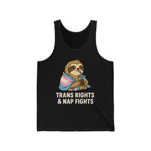 Trans Rights & Nap Fights – Cute Sloth Unisex Jersey Tank Top | LGBTQIA+ Pride Shirt