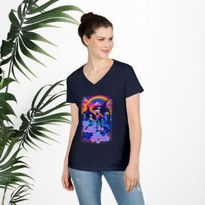 Bespattered Facade Eat the Rich Orcas Rainbow 100% Cotton V-Neck Tee Shirt Top