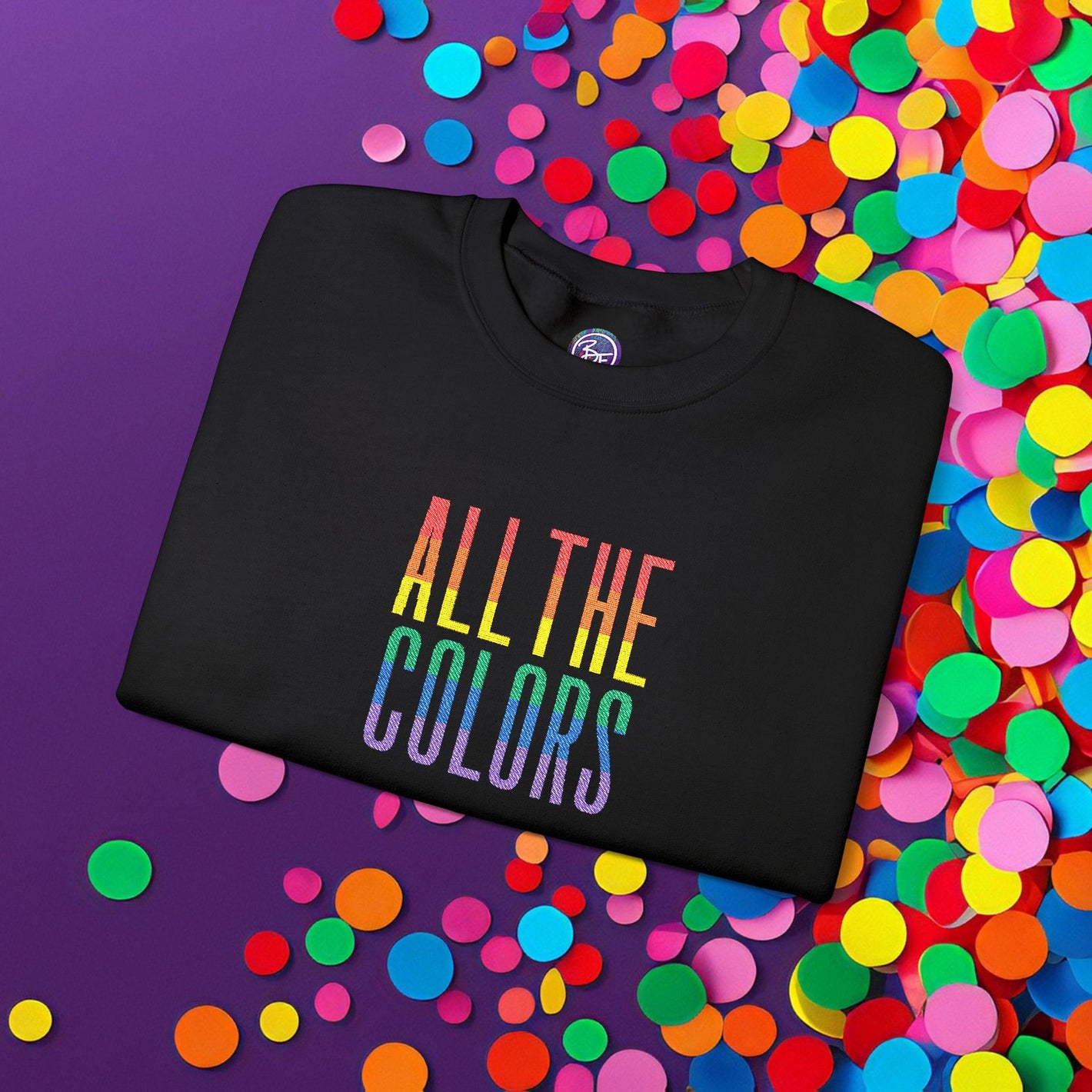 Bespattered Facade "All the Colors" Rainbow Block Embroidered Crewneck Sweatshirt