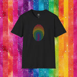 Black t-shirt with a colorful fingerprint design on a rainbow striped background