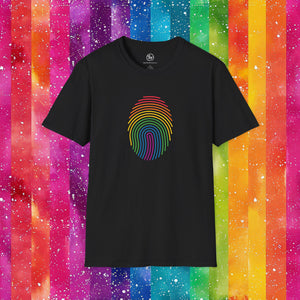 Black t-shirt with a colorful fingerprint design on a rainbow striped background