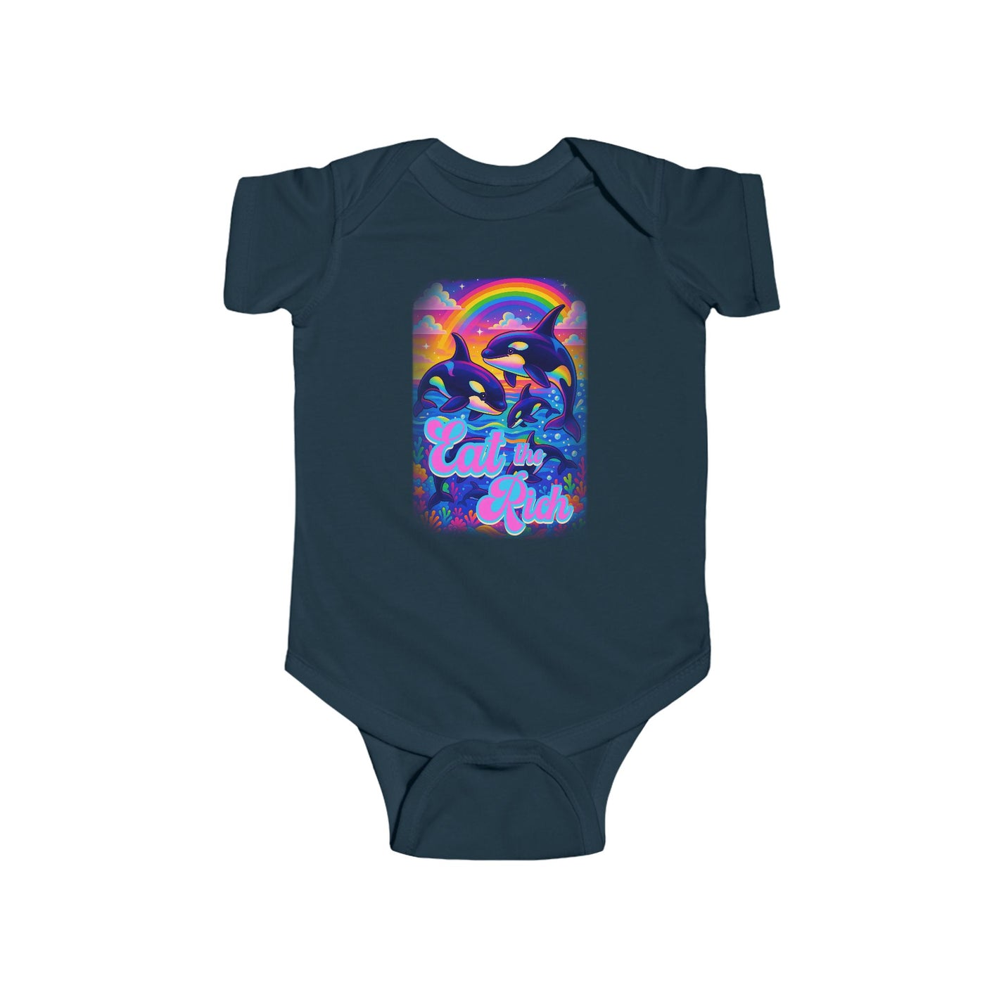 Bespattered Facade Rainbow Eat the Rich Orcas Colorful Retro Infant Fine Jersey Bodysuit