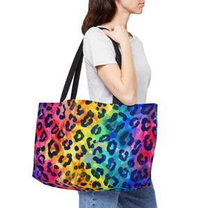 Bespattered Facade Rainbow Watercolor Leopard Weekender Beach Tote Bag