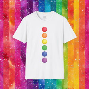 White t-shirt with rainbow-colored dots on a colorful striped background