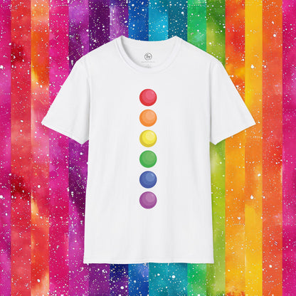 White t-shirt with rainbow-colored dots on a colorful striped background