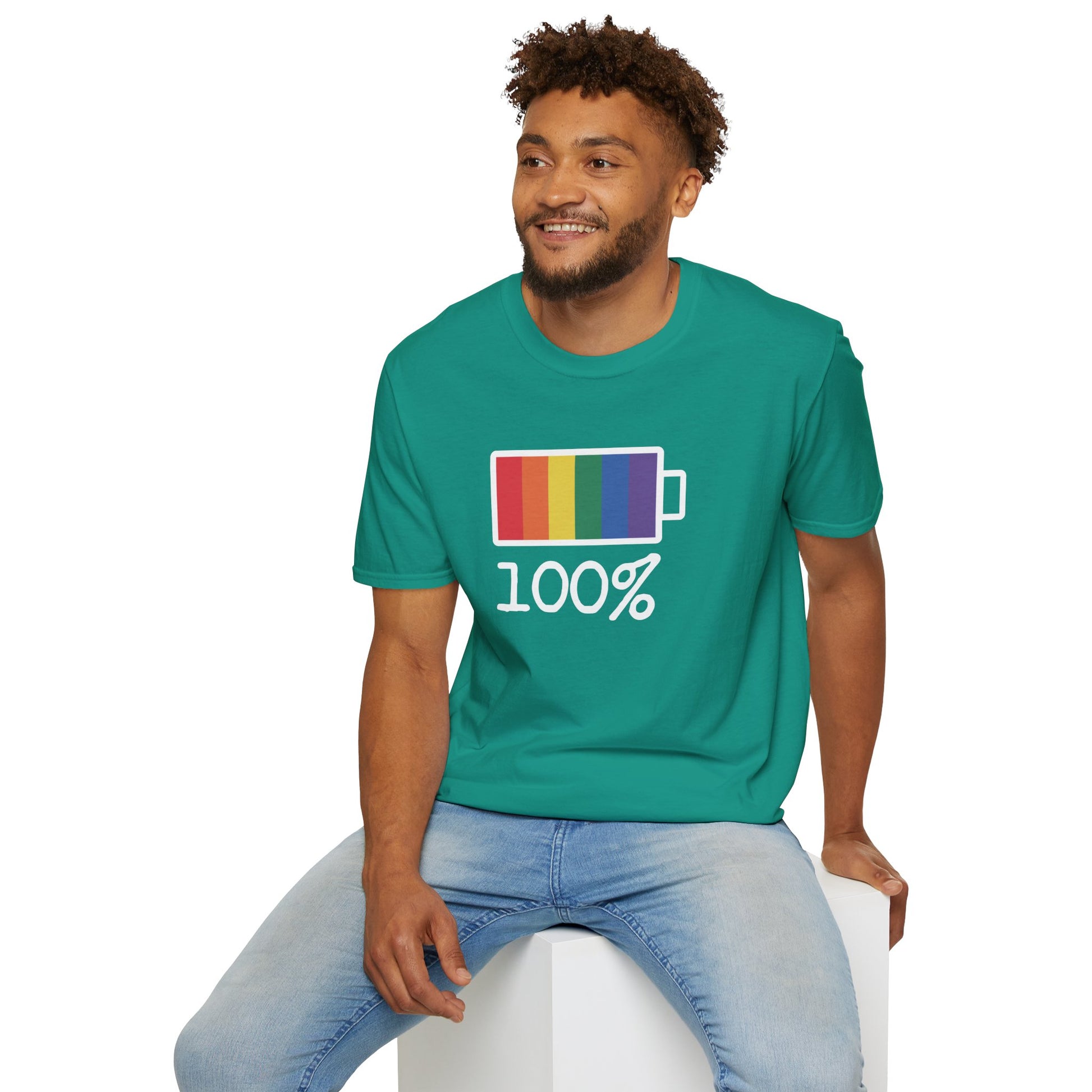 Man wearing a teal t-shirt with a colorful battery graphic and '100%' text on a white background