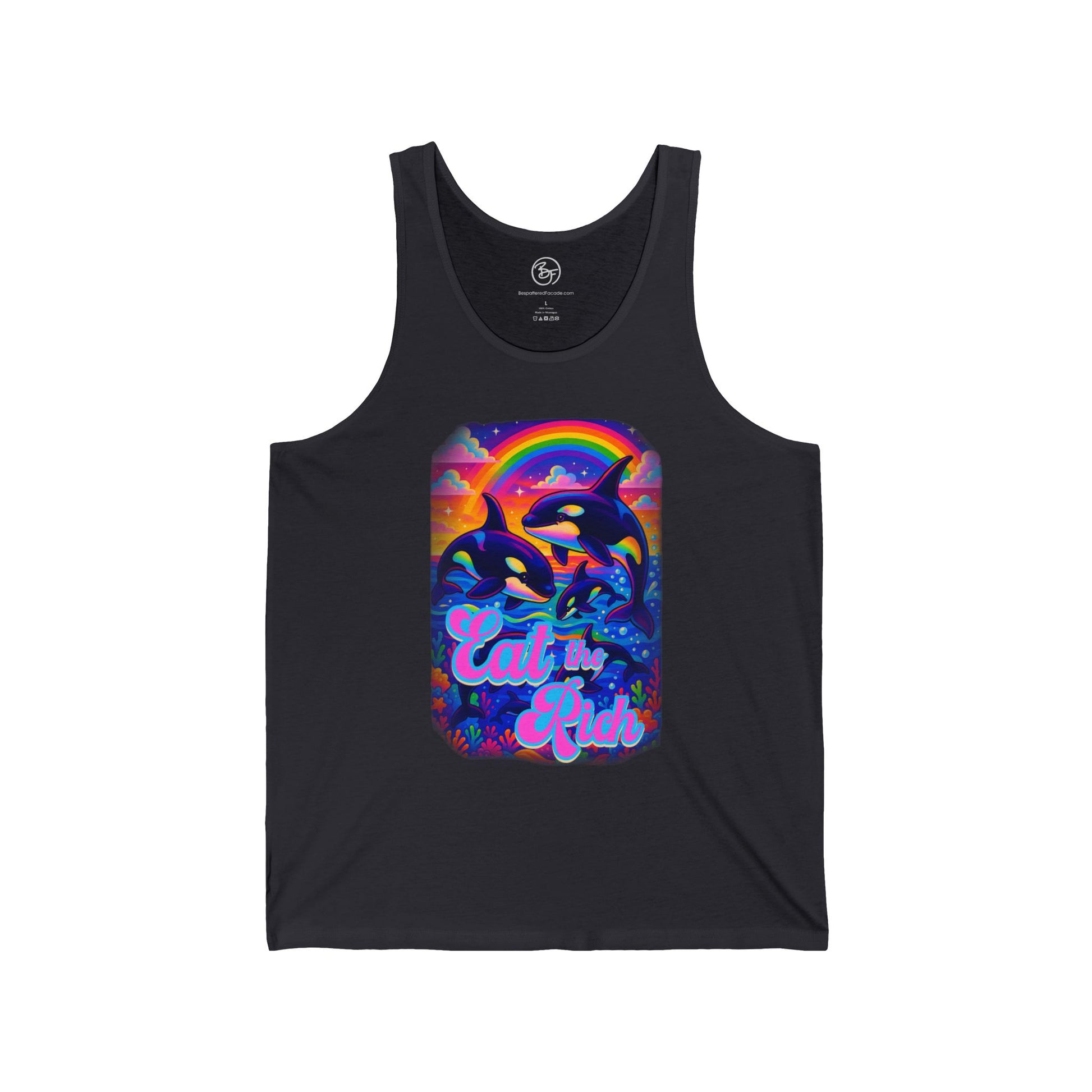 Black tank top with a colorful graphic design featuring dolphins and text on a white background.