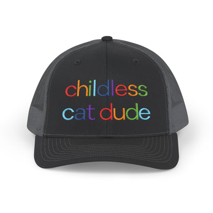 Childless Cat Dude Rainbow Embroidered Snapback Trucker Cap (10 Hat Colors)