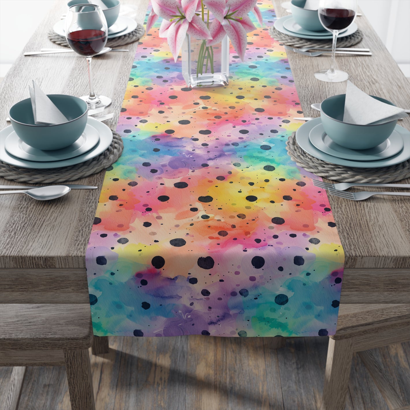 Bespattered Facade Rainbow Watercolor Dots Table Runner (2 sizes)