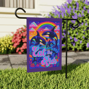 Bespattered Facade "Eat the Rich" Orcas Rainbow Garden Flag
