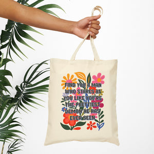 Bespattered Facade Rainbow "The Prettiest Demon" Floral Canvas Tote Bag Reusable Carryall