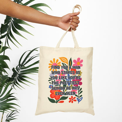 Bespattered Facade Rainbow "The Prettiest Demon" Floral Canvas Tote Bag Reusable Carryall
