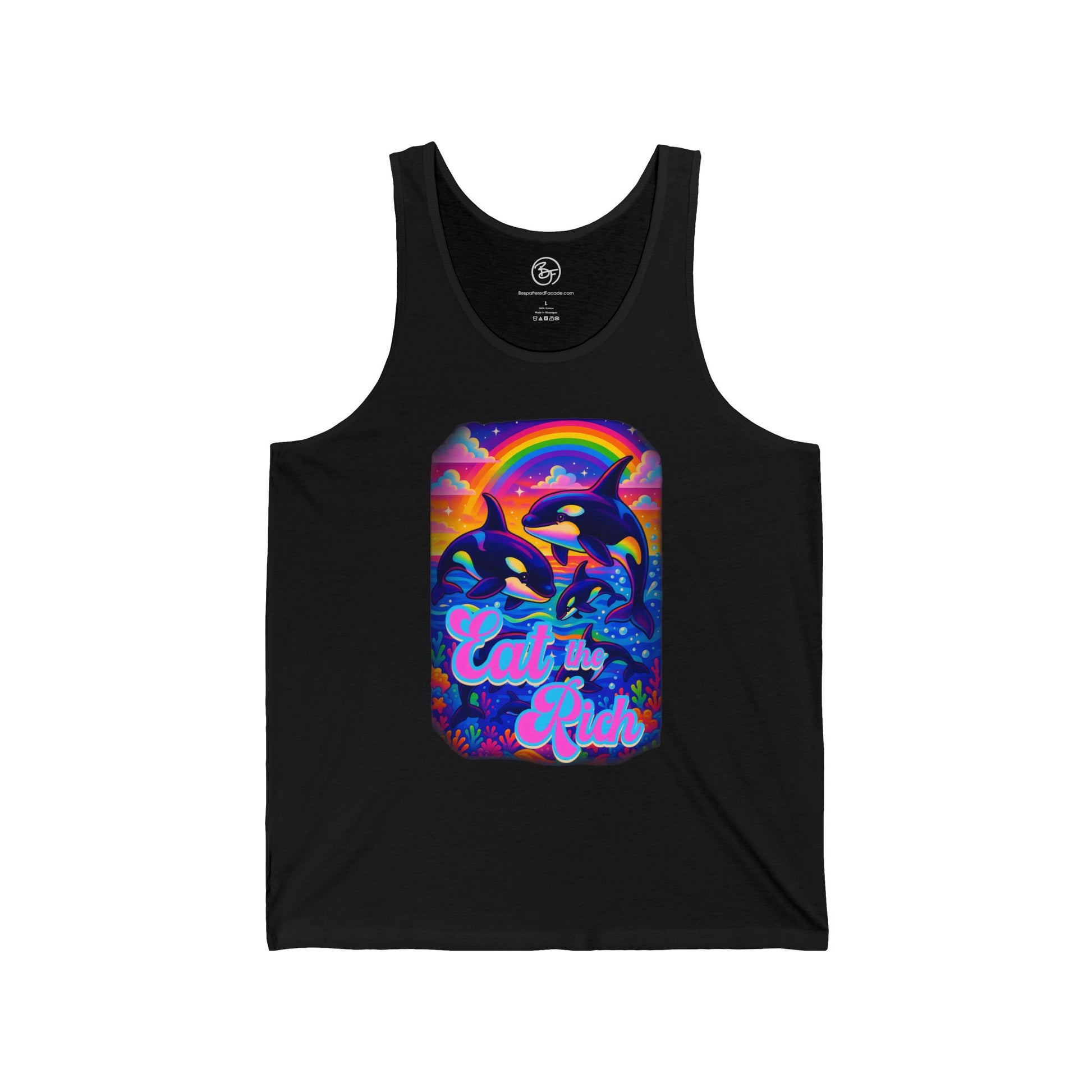 Black tank top with a colorful graphic design featuring dolphins and text on a white background