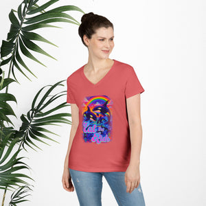 Bespattered Facade Eat the Rich Orcas Rainbow 100% Cotton V-Neck Tee Shirt Top