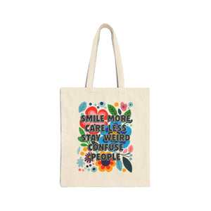 Bespattered Facade "Smile More, Care Less..." Floral Canvas Tote Bag Reusable Carryall
