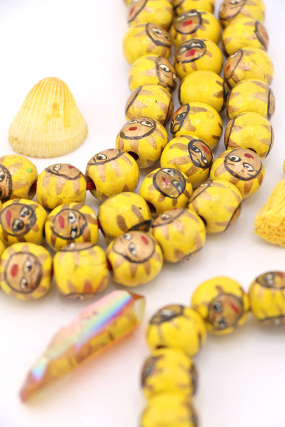 15mm Yellow Hand Painted Sun Wood Beads, 14 Beads