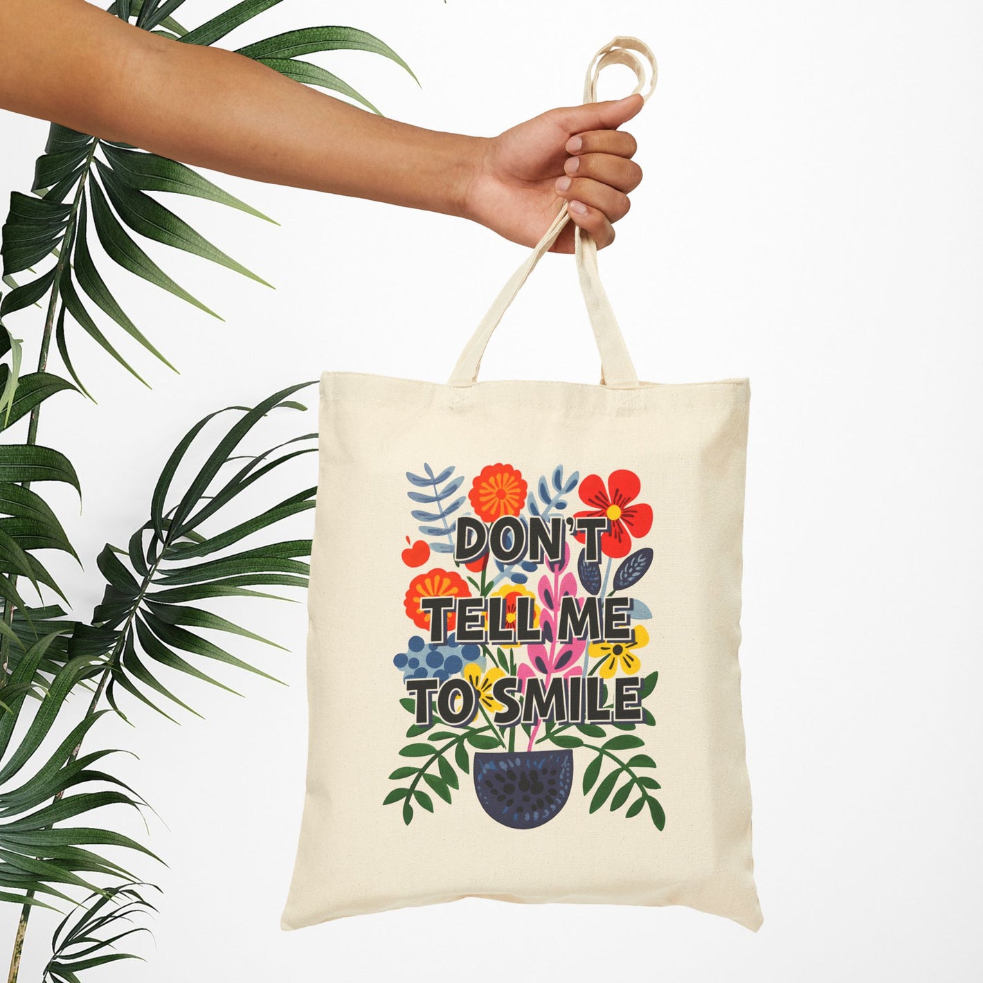 Bespattered Facade "Don't Tell Me to Smile" Floral Canvas Tote Bag Reusable Carryall