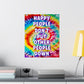 A square wall poster with a colorful tie-dye spiral background and the text 'HAPPY PEOPLE DON'T PUT OTHER PEOPLE DOWN' in bold white letters with a purple outline, displayed on a light gray wall above a shelf with books and a yellow lamp.