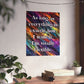 A vertical wall art print with a colorful abstract brushstroke background and the quote 'As long as everything is exactly how I want it, I'm totally flexible.' in white serif text, displayed on a light wall above a wooden surface with books and small plants.